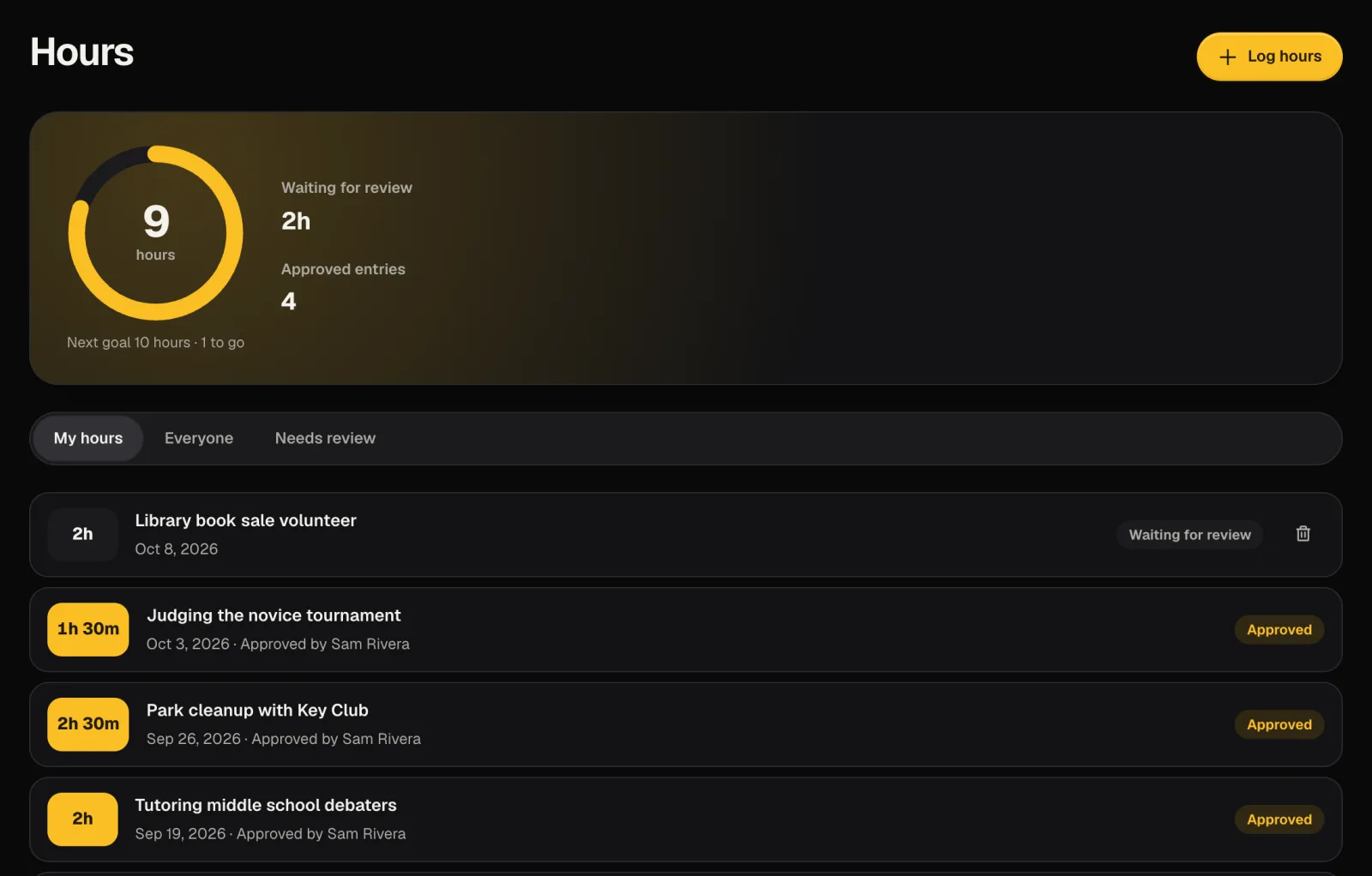 A service hours page with a progress ring, entries waiting for review, and approved entries.