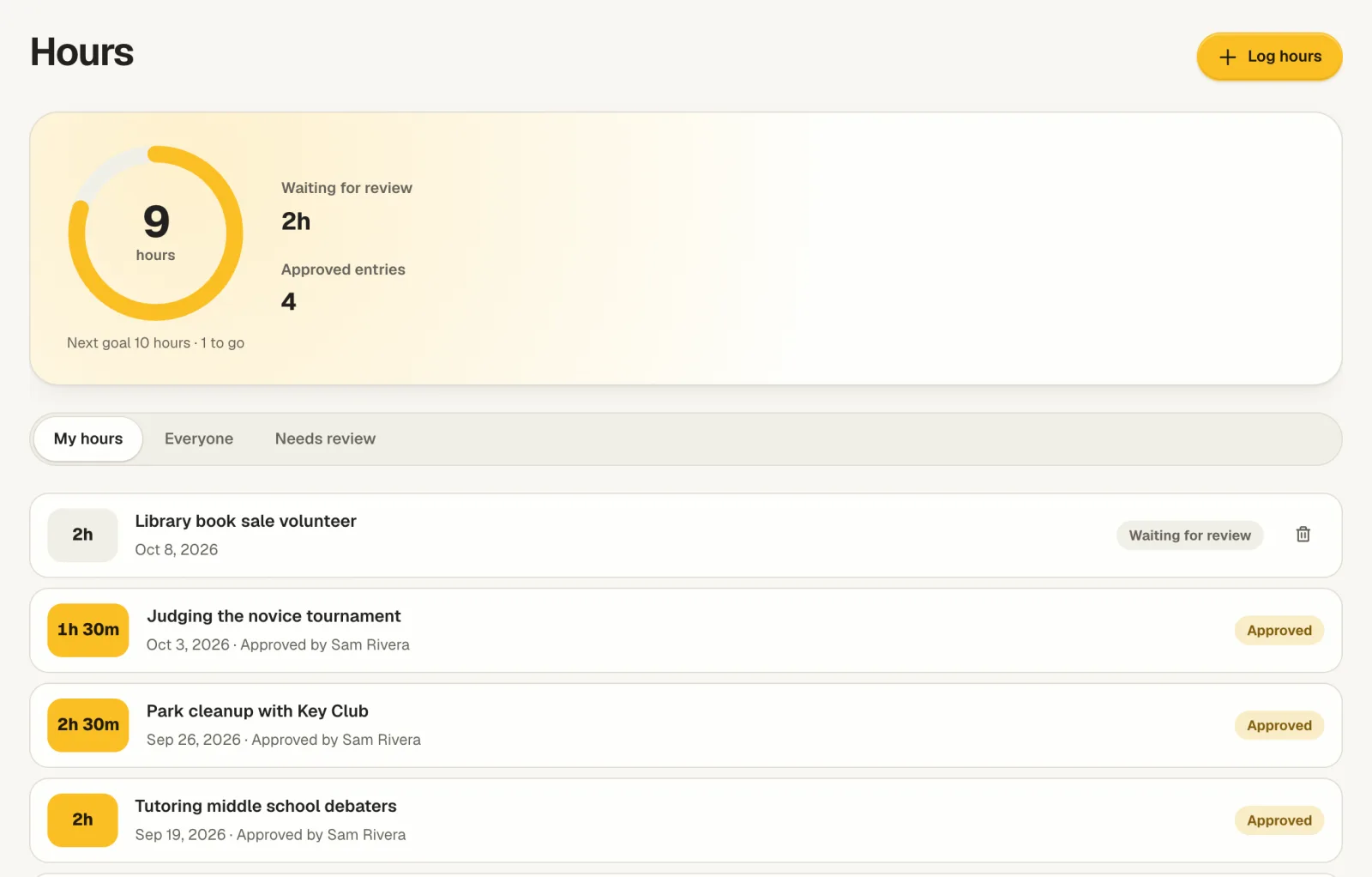 A service hours page with a progress ring, entries waiting for review, and approved entries.