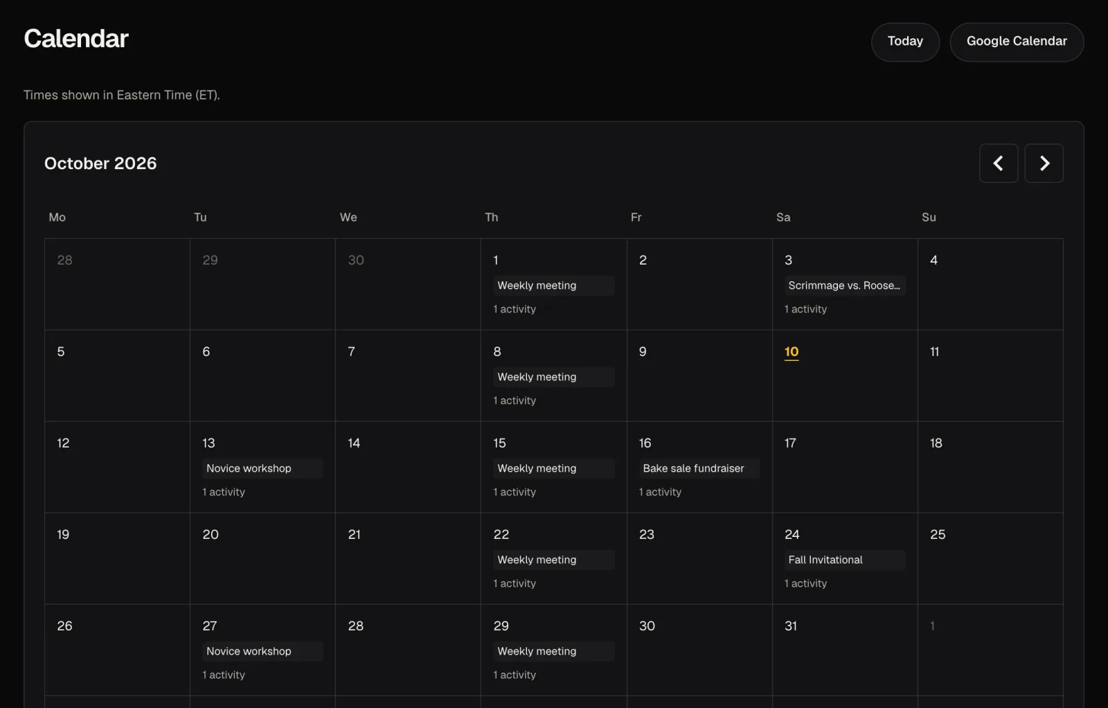 A month calendar of weekly meetings, workshops, a bake sale, and a tournament.
