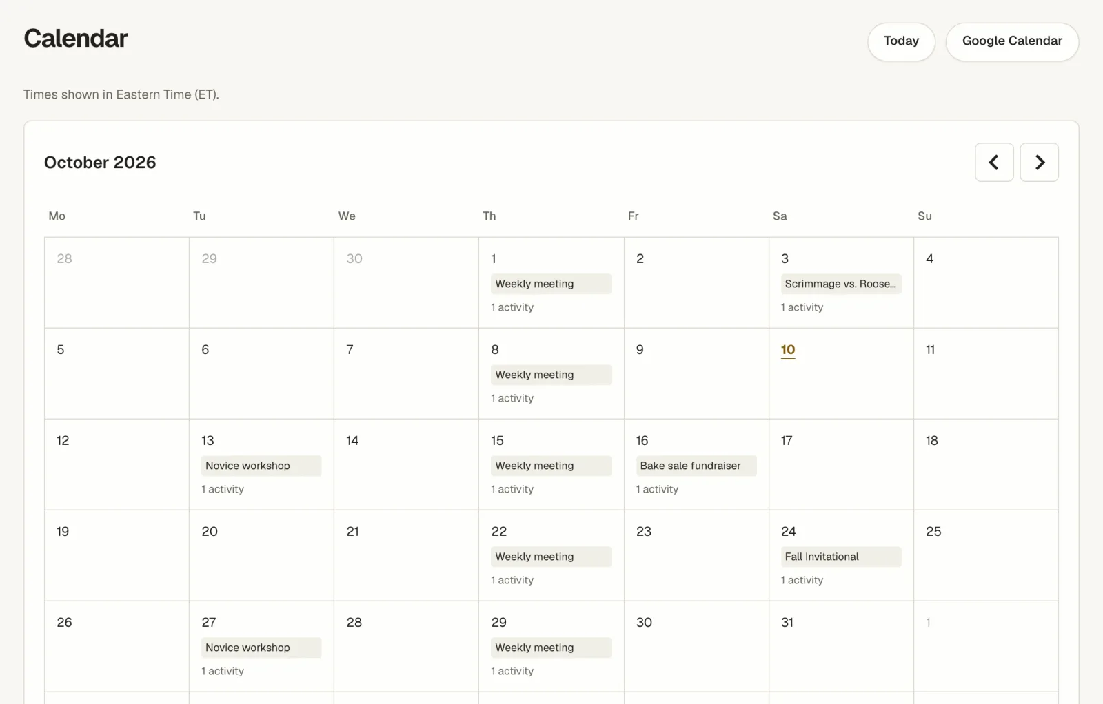 A month calendar of weekly meetings, workshops, a bake sale, and a tournament.