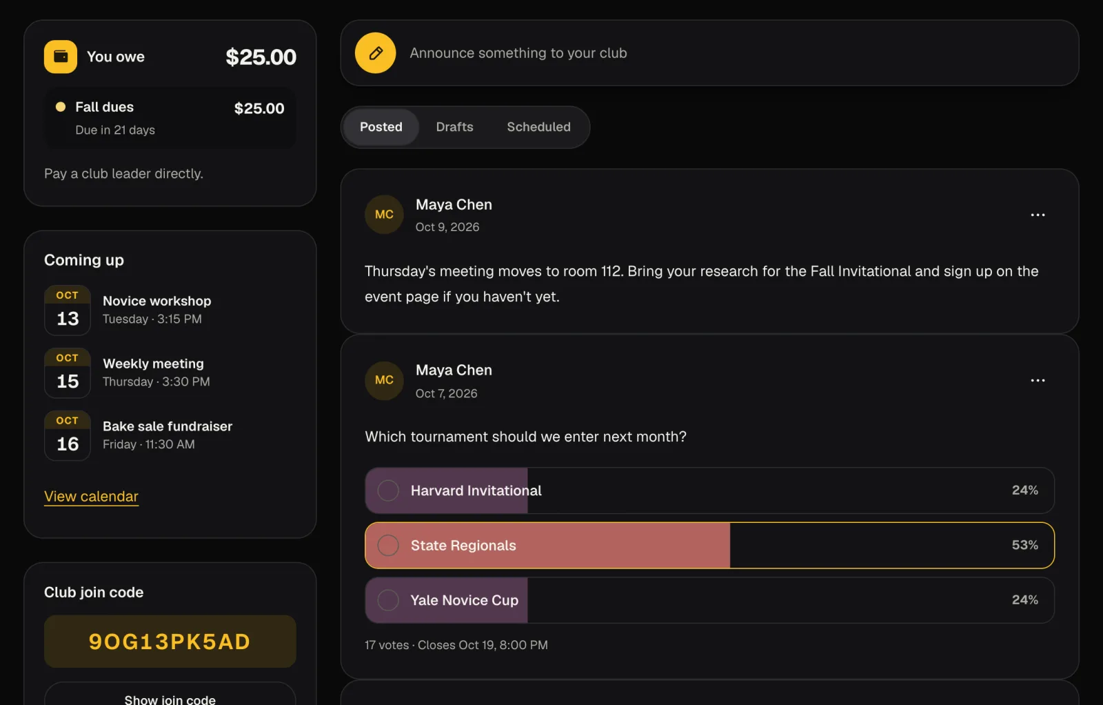 A club announcement feed with a poll showing live results, next to dues owed and upcoming meetings.
