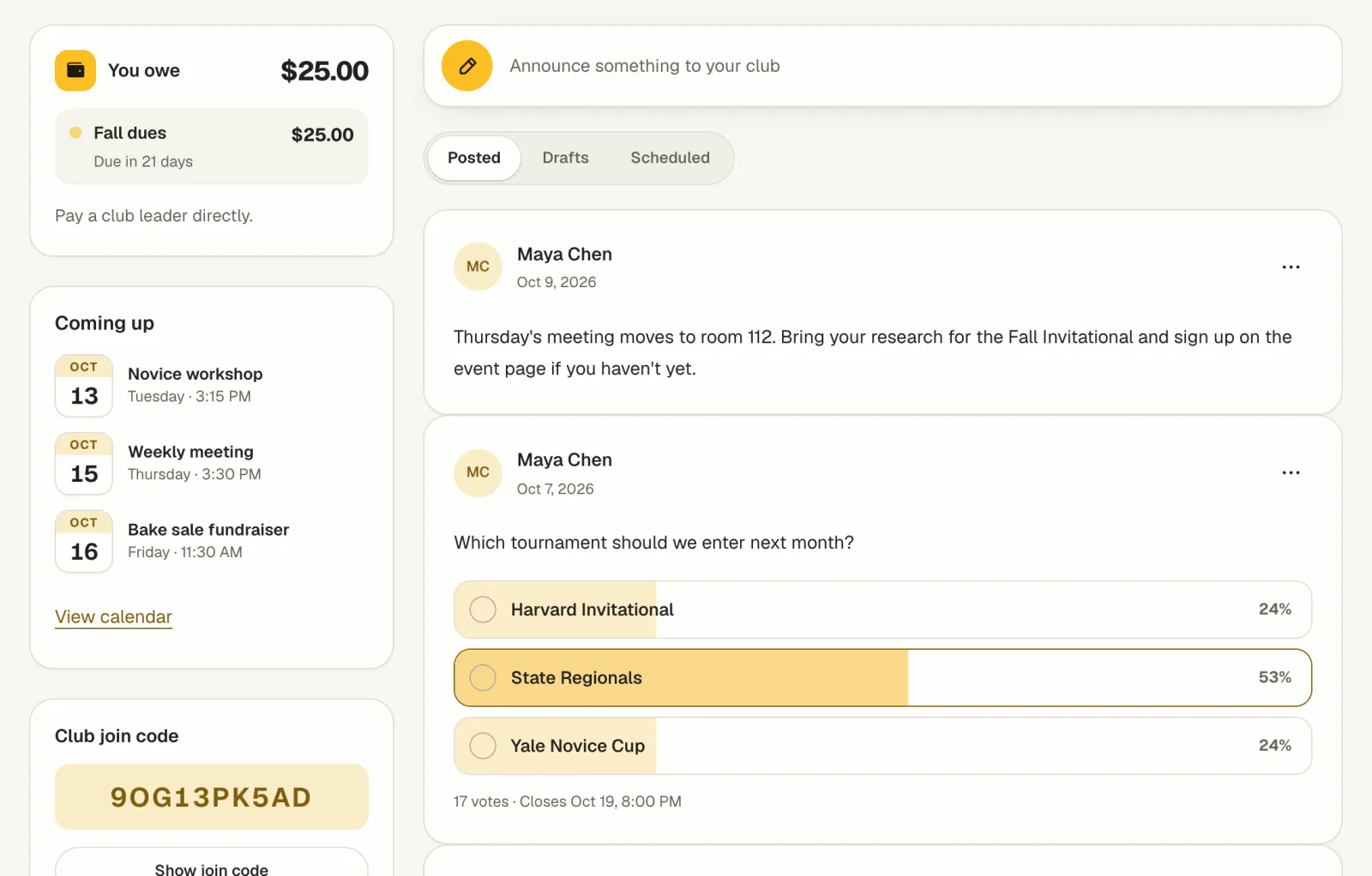 A club announcement feed with a poll showing live results, next to dues owed and upcoming meetings.